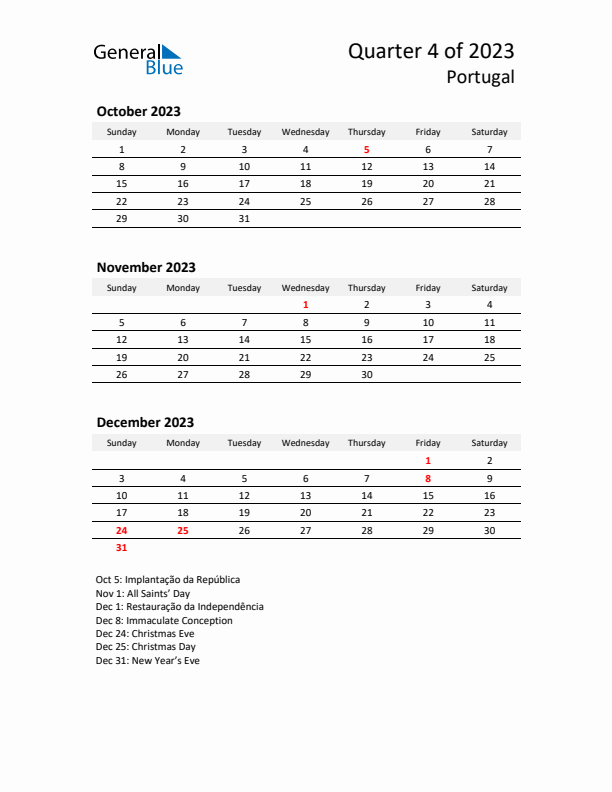 2023 Q4 Three-Month Calendar for Portugal