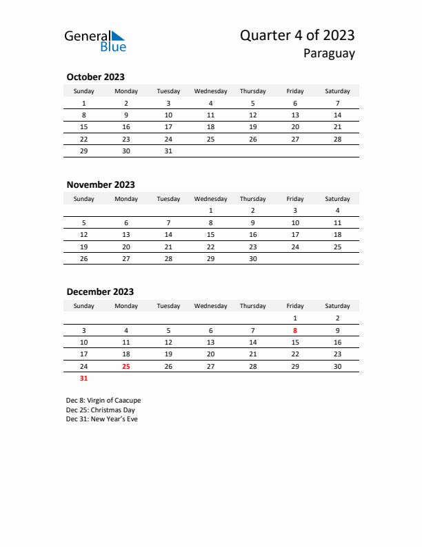 2023 Q4 Three-Month Calendar for Paraguay