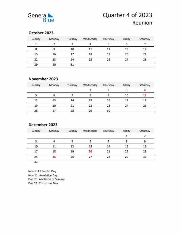 2023 Q4 Three-Month Calendar for Reunion