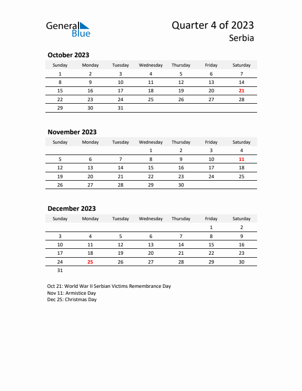 2023 Q4 Three-Month Calendar for Serbia