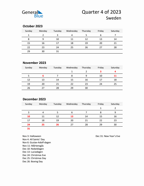 2023 Q4 Three-Month Calendar for Sweden