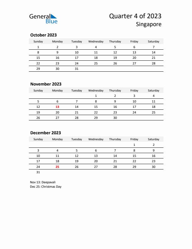 2023 Q4 Three-Month Calendar for Singapore