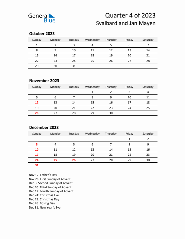 2023 Q4 Three-Month Calendar for Svalbard and Jan Mayen