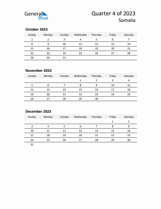 2023 Q4 Three-Month Calendar for Somalia