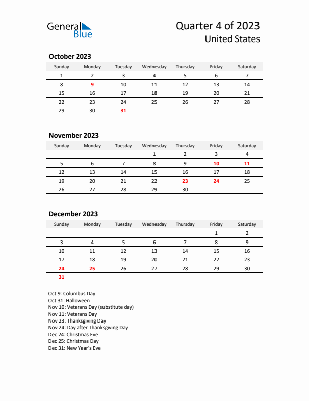 2023 Q4 Three-Month Calendar for United States