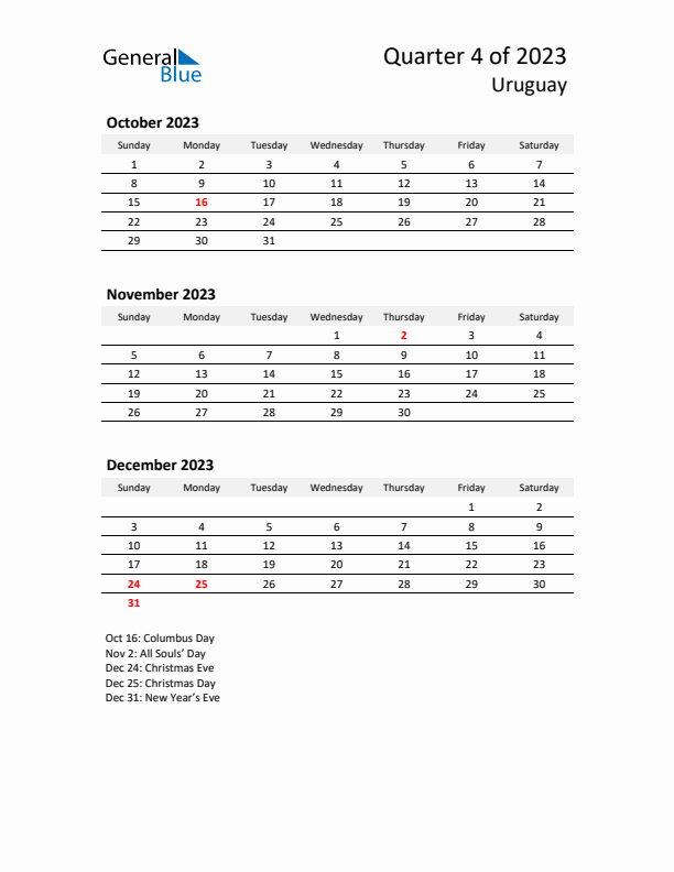 2023 Q4 Three-Month Calendar for Uruguay