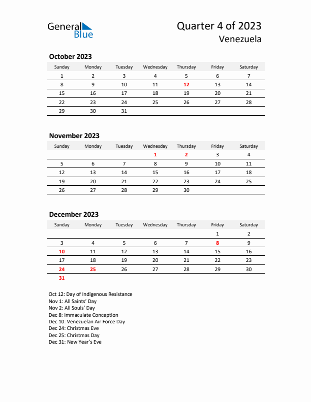 2023 Q4 Three-Month Calendar for Venezuela