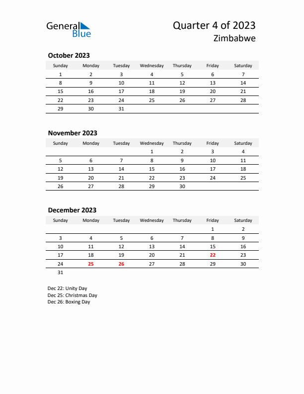 2023 Q4 Three-Month Calendar for Zimbabwe