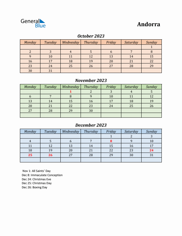 Q4 2023 Holiday Calendar - Andorra