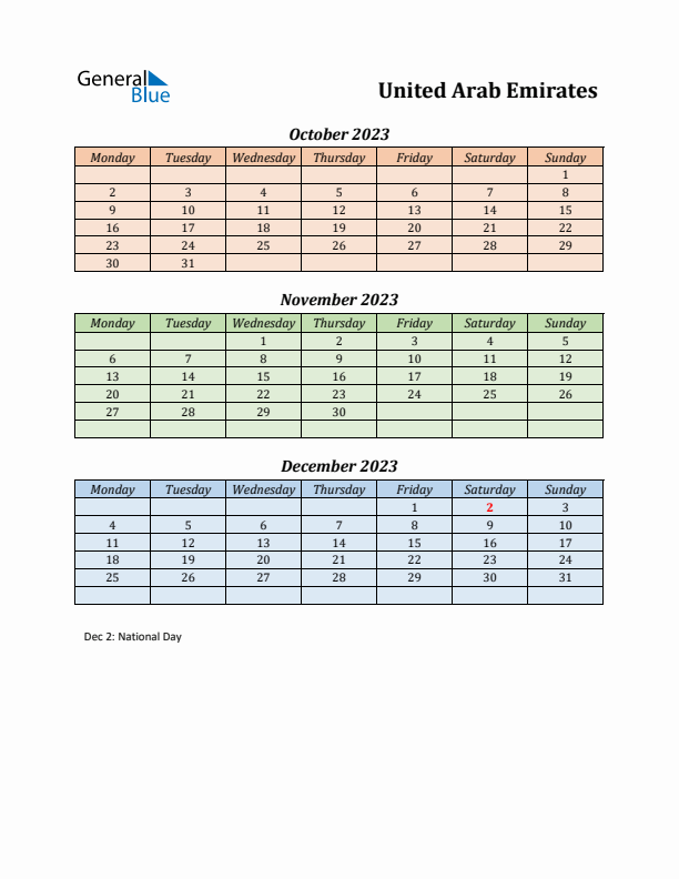 Q4 2023 Holiday Calendar - United Arab Emirates