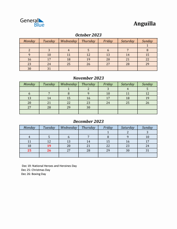 Q4 2023 Holiday Calendar - Anguilla