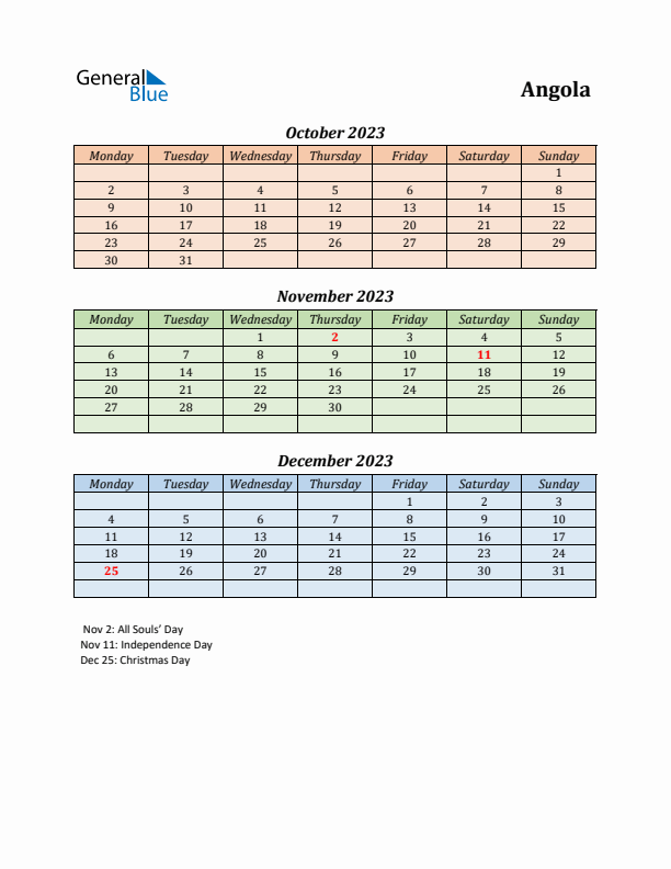 Q4 2023 Holiday Calendar - Angola