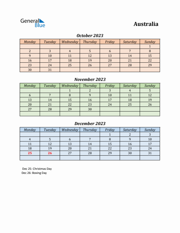 Q4 2023 Holiday Calendar - Australia