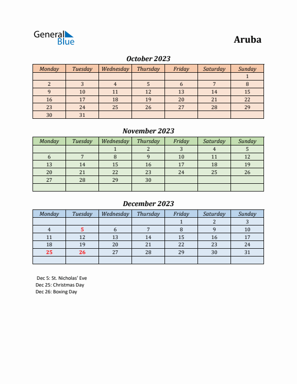 Q4 2023 Holiday Calendar - Aruba