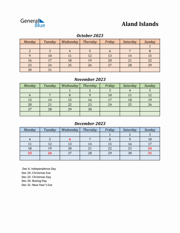 Q4 2023 Holiday Calendar - Aland Islands