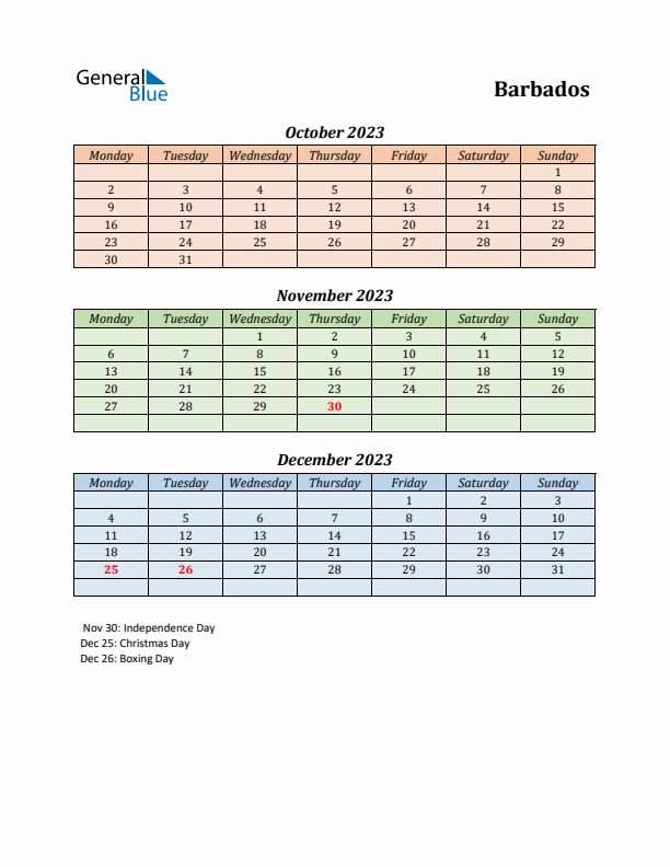 Q4 2023 Holiday Calendar - Barbados