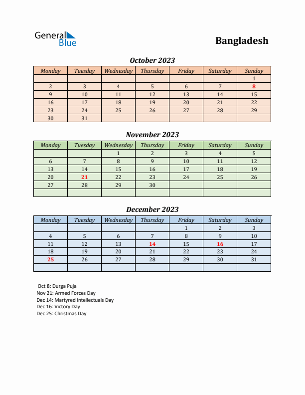 Q4 2023 Holiday Calendar - Bangladesh