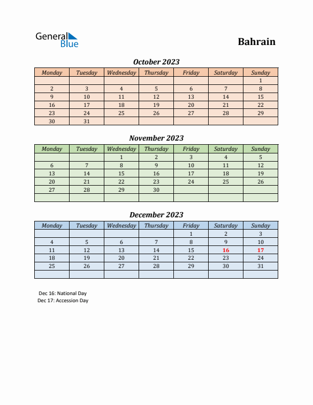 Q4 2023 Holiday Calendar - Bahrain