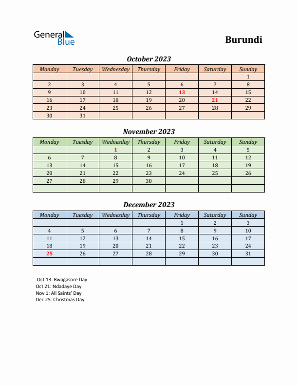 Q4 2023 Holiday Calendar - Burundi