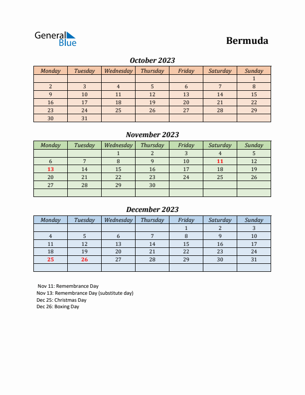 Q4 2023 Holiday Calendar - Bermuda