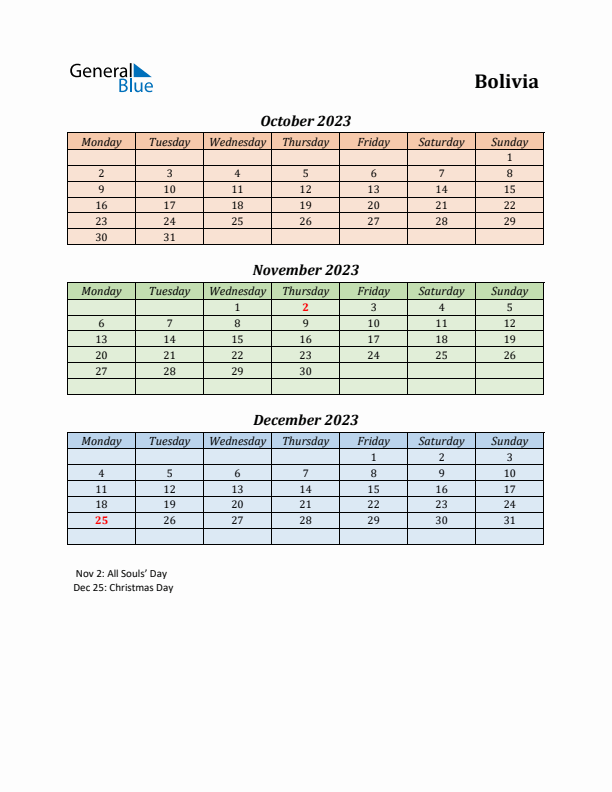 Q4 2023 Holiday Calendar - Bolivia