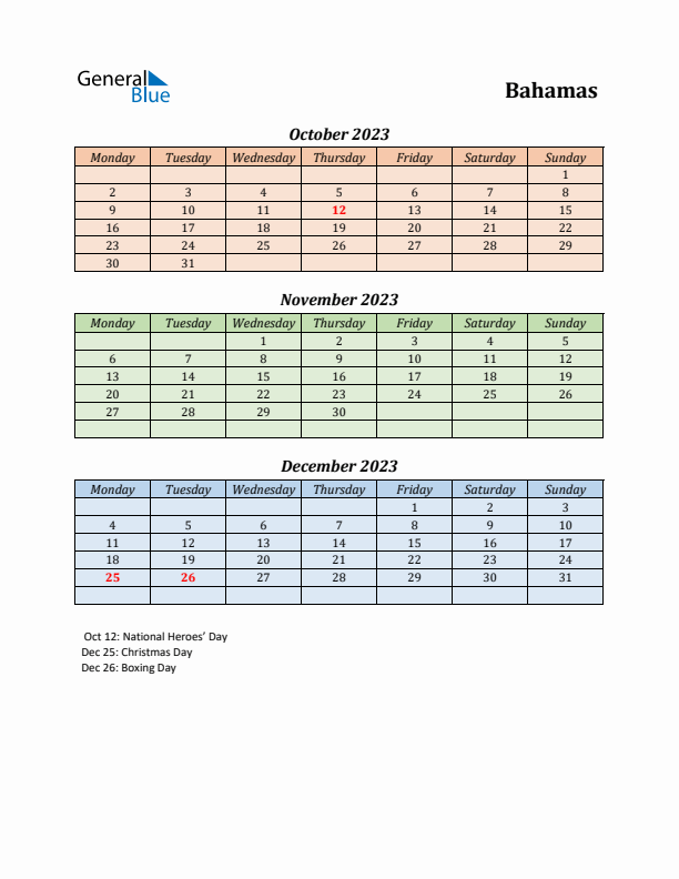 Q4 2023 Holiday Calendar - Bahamas