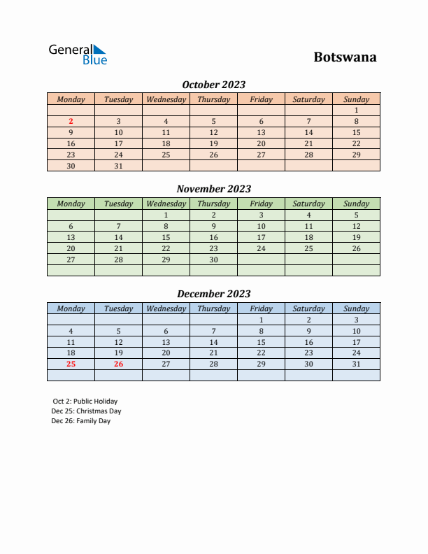 Q4 2023 Holiday Calendar - Botswana