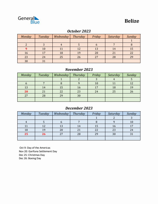 Q4 2023 Holiday Calendar - Belize