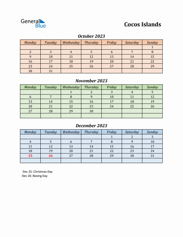 Q4 2023 Holiday Calendar - Cocos Islands