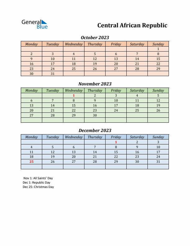 Q4 2023 Holiday Calendar - Central African Republic