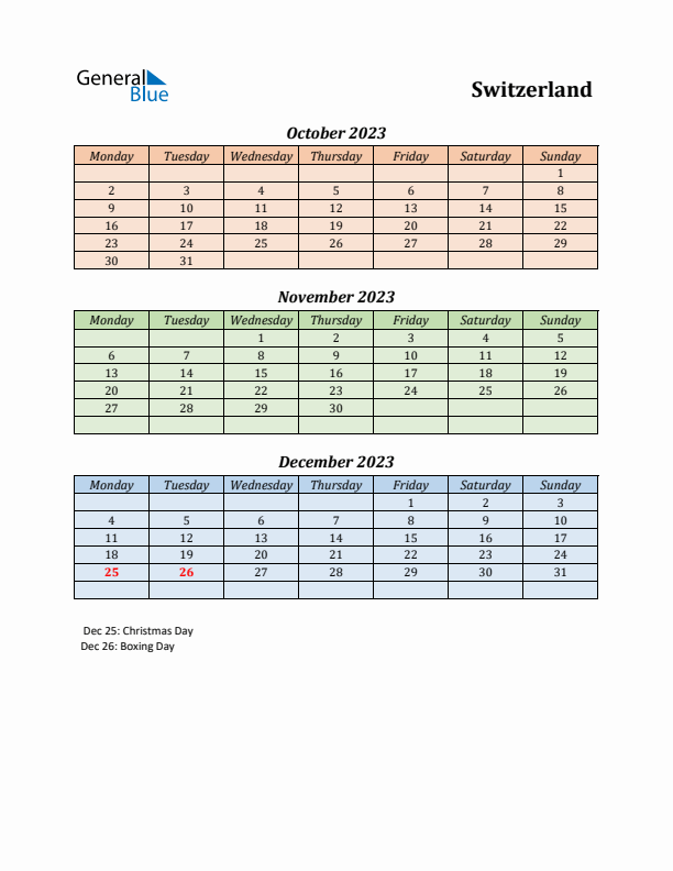 Q4 2023 Holiday Calendar - Switzerland