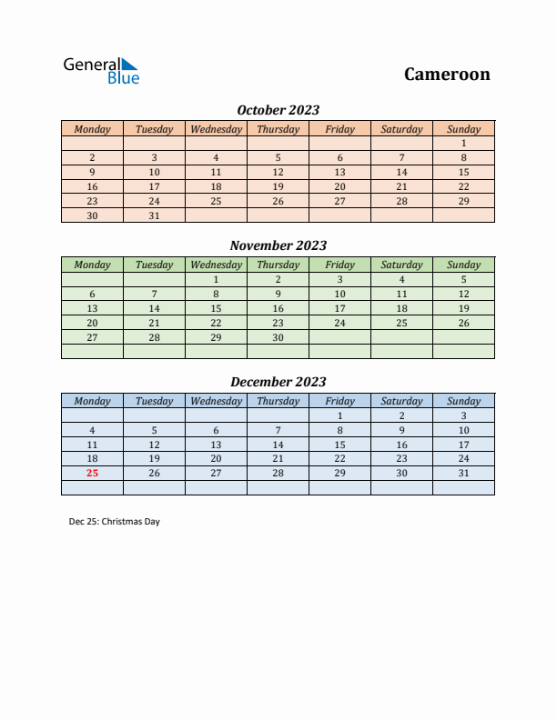 Q4 2023 Holiday Calendar - Cameroon