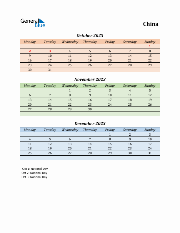 Q4 2023 Holiday Calendar - China