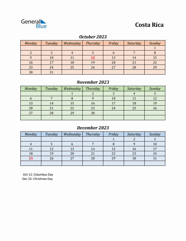 Q4 2023 Holiday Calendar - Costa Rica