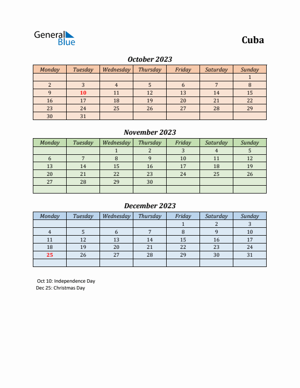 Q4 2023 Holiday Calendar - Cuba