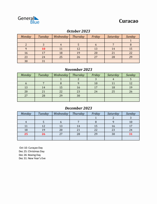 Q4 2023 Holiday Calendar - Curacao