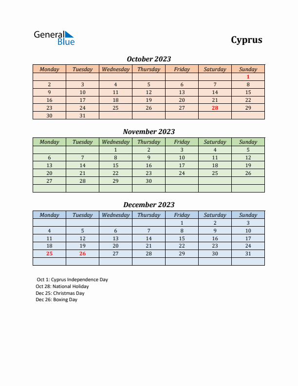 Q4 2023 Holiday Calendar - Cyprus