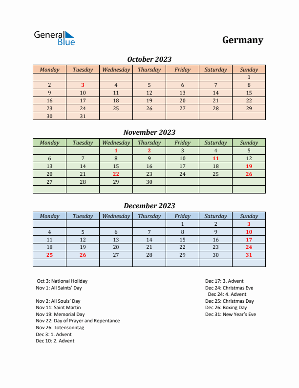 Q4 2023 Holiday Calendar - Germany