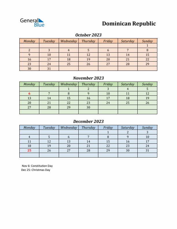 Q4 2023 Holiday Calendar - Dominican Republic