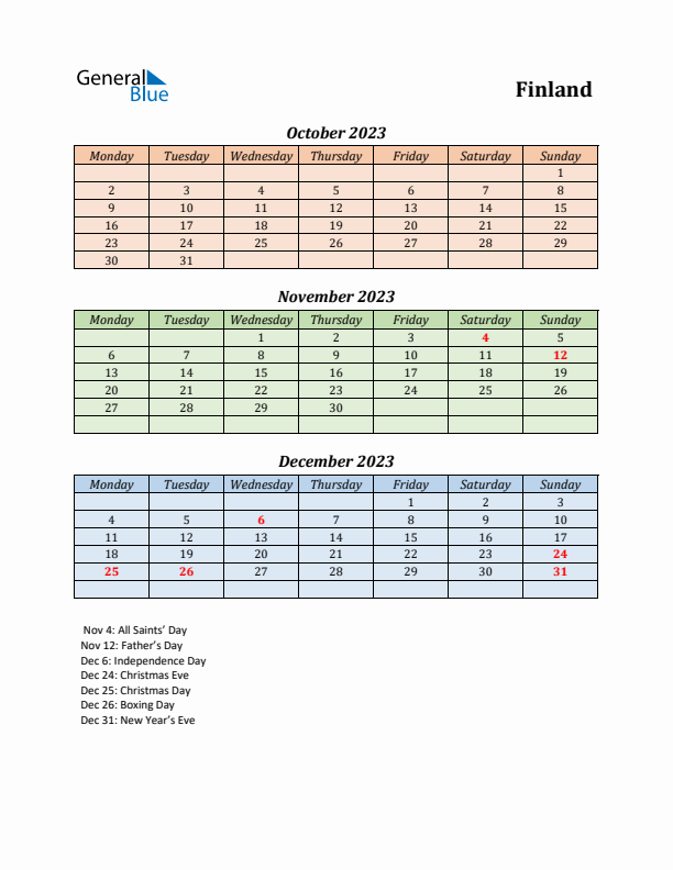 Q4 2023 Holiday Calendar - Finland