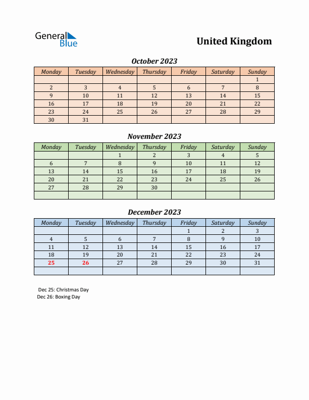 Q4 2023 Holiday Calendar - United Kingdom