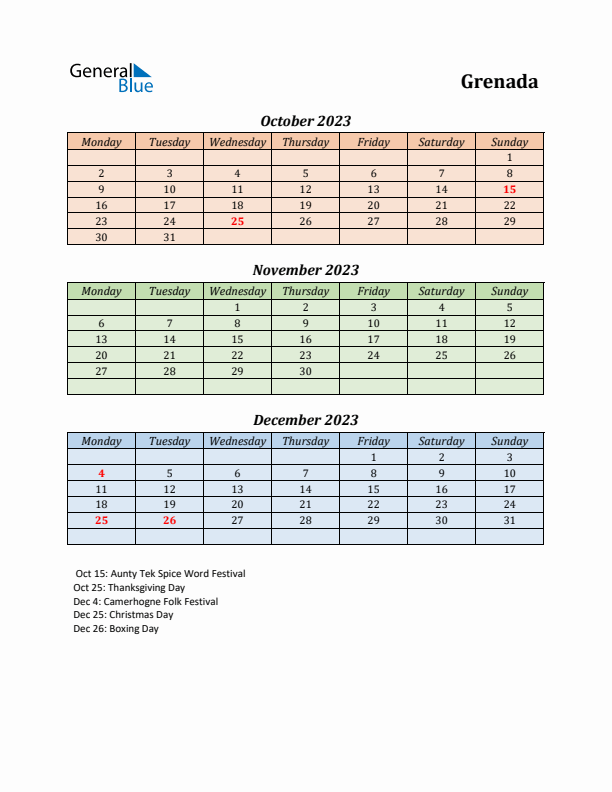 Q4 2023 Holiday Calendar - Grenada