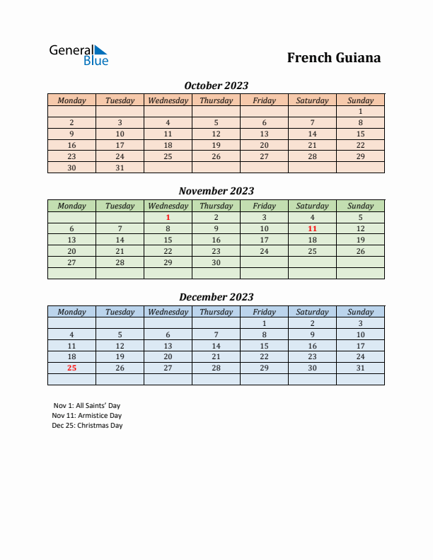 Q4 2023 Holiday Calendar - French Guiana