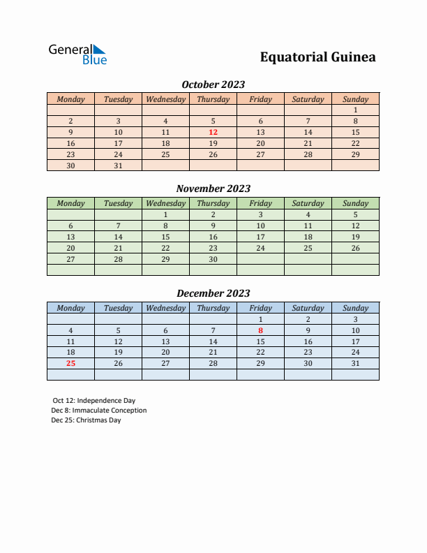 Q4 2023 Holiday Calendar - Equatorial Guinea