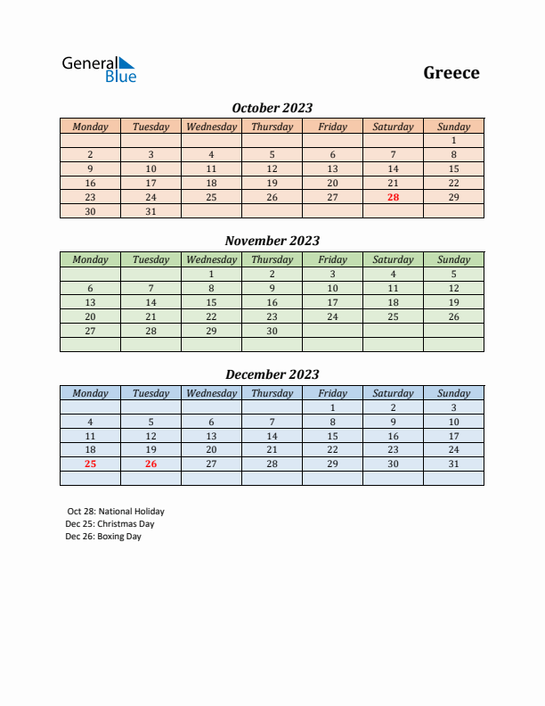 Q4 2023 Holiday Calendar - Greece