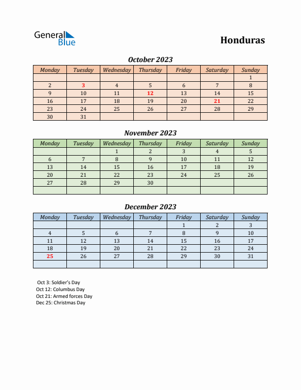 Q4 2023 Holiday Calendar - Honduras