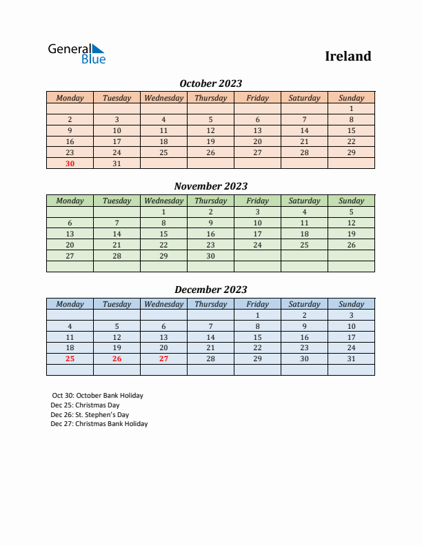 Q4 2023 Holiday Calendar - Ireland