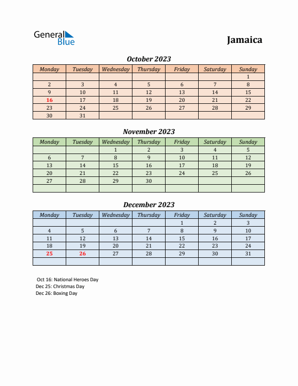 Q4 2023 Holiday Calendar - Jamaica