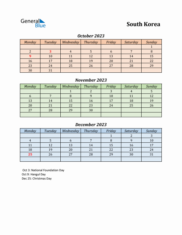 Q4 2023 Holiday Calendar - South Korea