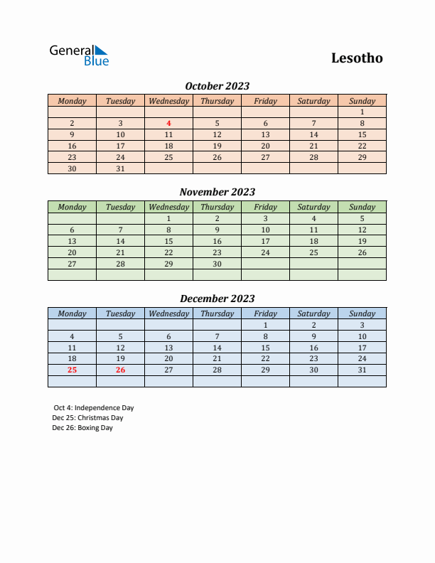 Q4 2023 Holiday Calendar - Lesotho